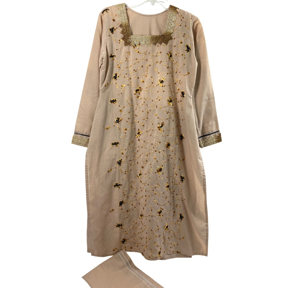 Handmade Tunic Set Women L Tan Gold Embroidered Kurta Scarf 2 Piece Ethnic Wear